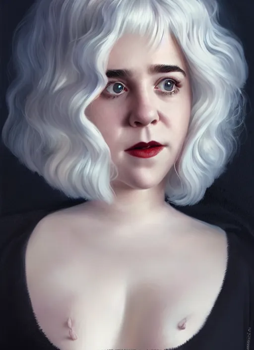 Image similar to full body portrait, kiernan shipka as sabrina spellman, white hair, obese, bangs, sultry, realistic, sultry smirk, fluffy bangs, curly bangs, fat, belly, intricate, elegant, highly detailed, digital painting, artstation, concept art, smooth, sharp focus, illustration, art by wlop, mars ravelo and greg rutkowski