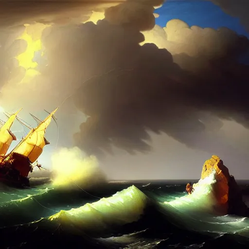 Prompt: a fleet of ancient trojan tiremes, amidst crashing waves and huge looming rocks, in the style of aivazovsky, grim, lightning flashes, sky swirling with black wind, dramatic, realistic, detailed, ancient, artstation, artgerm, digital painting