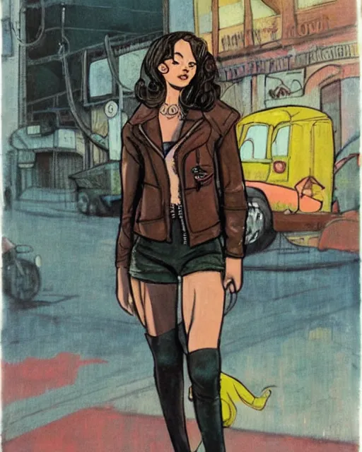 Image similar to young female protagonist in leather jacket, city street, artwork by ralph bakshi