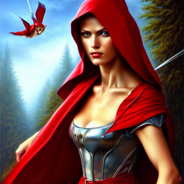 Image similar to beautiful!! red riding hood warrior artgerm anne stokes highly detailed 8 k hdr smooth sharp focus high resolution award - winning photo photorealistic