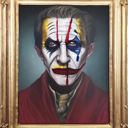 Image similar to oil painting portrait of julius caesar with joker's face paint on his face, 8 k, very detailed, very intricate,