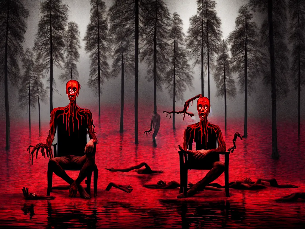 Image similar to a portrait of a man with five heads, twelve arms, sitting on chair made of human limbs, the chair is floating in a lake of blood, around the lake are melting trees, the man's limbs are merging with the trees, digital art, hyperrealistic nightmare scene, supernatural, highly detailed, creepy, terrifying