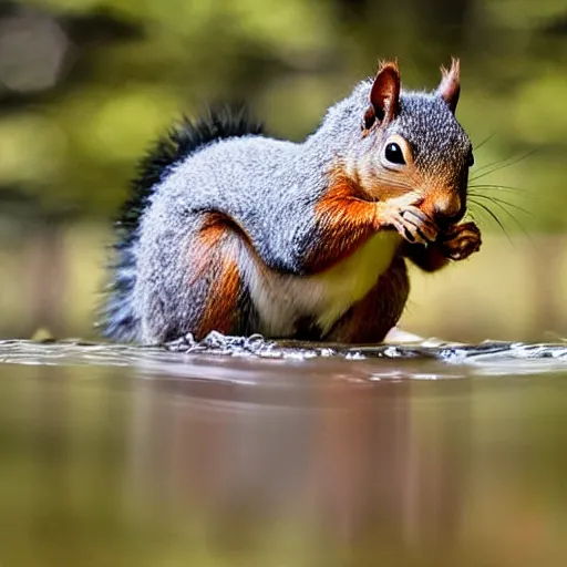 Prompt: a squirrel running in the water, fast shutter speed, high speed, action photo, 1 / 1 0 0 0 sec shutter, fish - eye lens