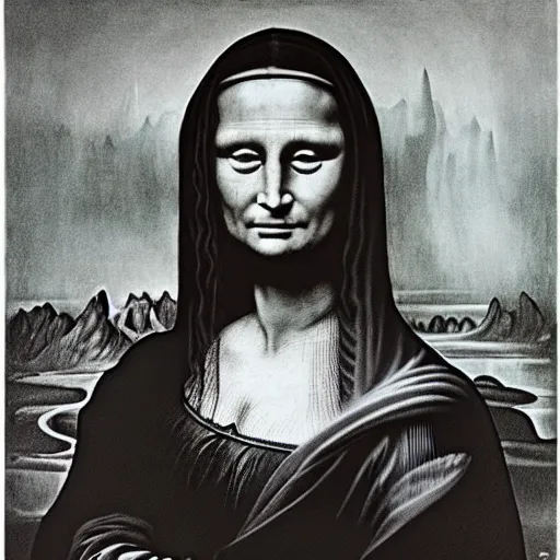 Image similar to beksinski, zdzisław - mona lisa in the style of giger, h. r. by zdzislaw beksinski and h. r. giger