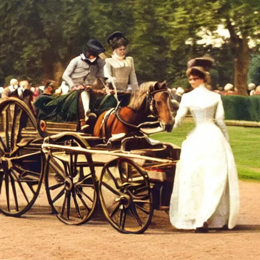 Image similar to lady catherine de bourgh from pride and prejudice drives her barouche box pulled by two horses on the formula 1 circuit of le mans. cinematic, technicolor, highly intricate