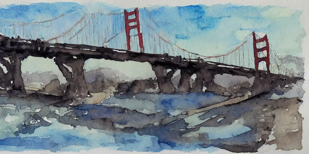 Image similar to collapsed san francisco bridge, watercolor