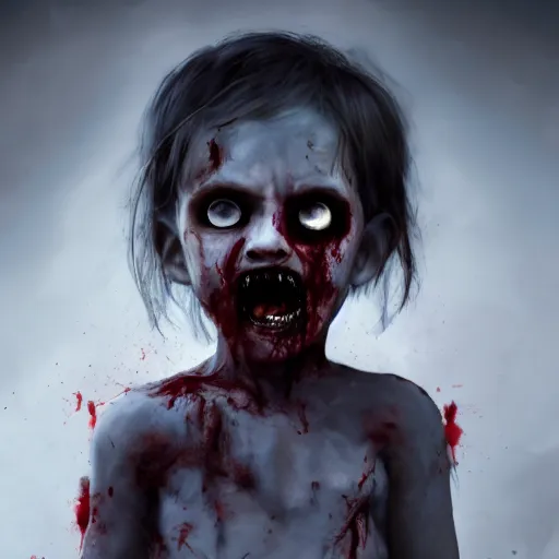 Image similar to angry zombie toddler without eyes portrait, empty bloody - black eyesockets, horror core, apocalyptic, feeling of grimdark, sharp focus, fiction, hyper detailed, digital art, trending in artstation, cinematic lighting, studio quality, smooth render, unreal engine 5 rendered, octane rendered, art style and nixeu and wlop and krenz cushart