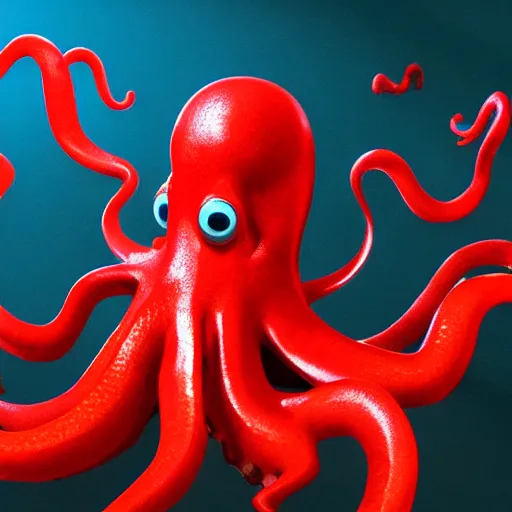 Image similar to portrait of red octopus, sly, cunning, blue background, pixar style animation 3d extremely gloomy lighting, atmospheric, cinematic, detailed illustration unreal Engine, 8K