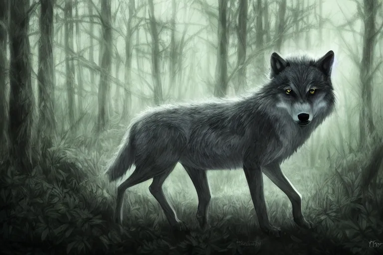 Prompt: a baby grey wolf in a dark forest, highly detailed, digital art, trending on artstation, backlighting, by kawacy, by ken sugimori, fan art