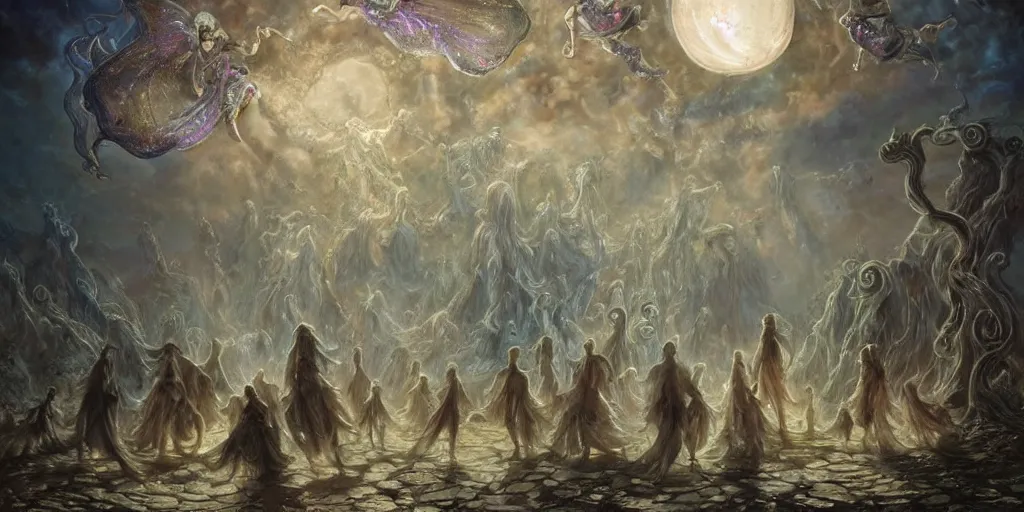 Image similar to concept art of translucent glowing fairies dancing, lovecraftian, renaissance, melting, round moon, rich clouds, fighting the horrors of the unknown, very detailed, volumetric light, mist, fine art, decaying, textured oil over canvas, epic fantasy art, very colorful, ornate intricate scales