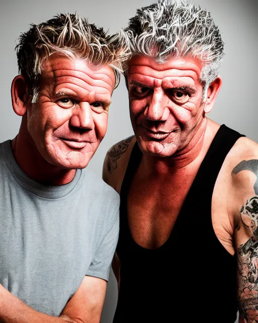 Prompt: 35mm macro photograph Gordon Ramsay and Anthony Bourdain, flirting expression, wearing a camisole, vibrant high contrast, octane, arney freytag, Fashion photo shoot,, glamorous, tattoos,shot in the photo studio, backlit, rim lighting, 8k