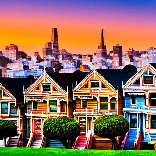 Image similar to a photograph of the painted ladies in san francisco at sunset with bokeh effect high definition