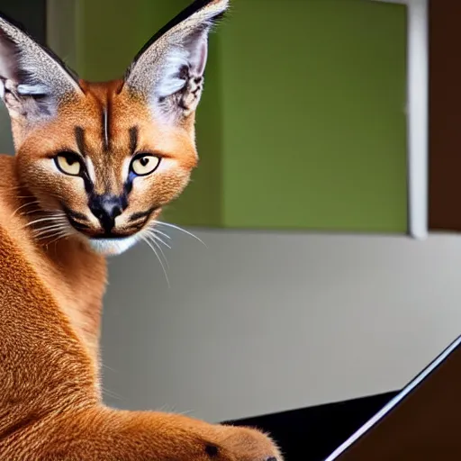 Image similar to cute caracal cat watching a laptop, realistic