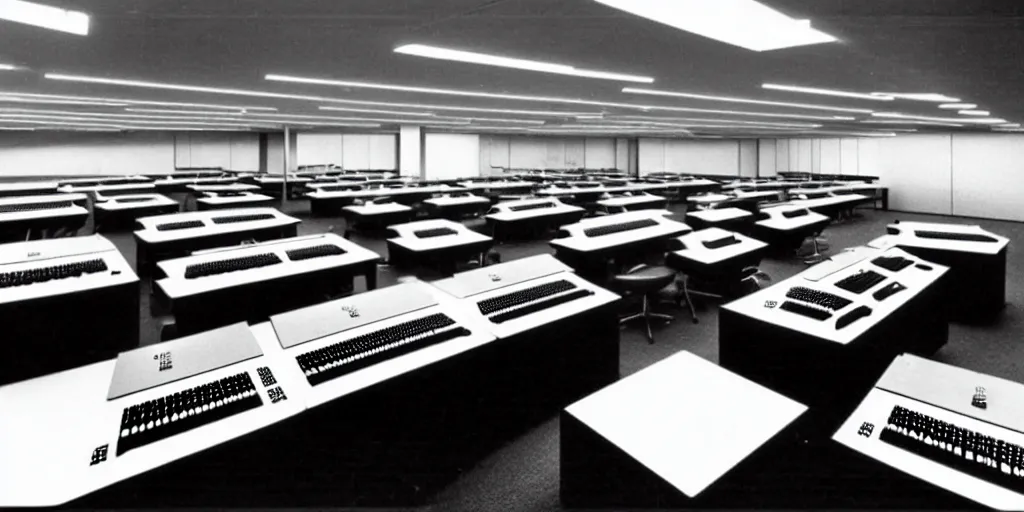 Prompt: a large 1970's computing room with 9-track machines and glowing screens. by IBM by Amdahl.