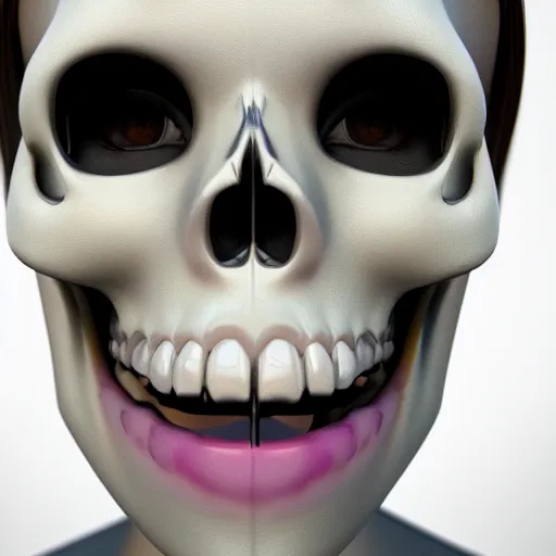 Image similar to closeup portrait photo of a stunning beautiful lady skull with her tongue touching her nose, 3D render,subsurface scattering,global illumination,raytracing,studio lighting, HDR, UHD, 4K