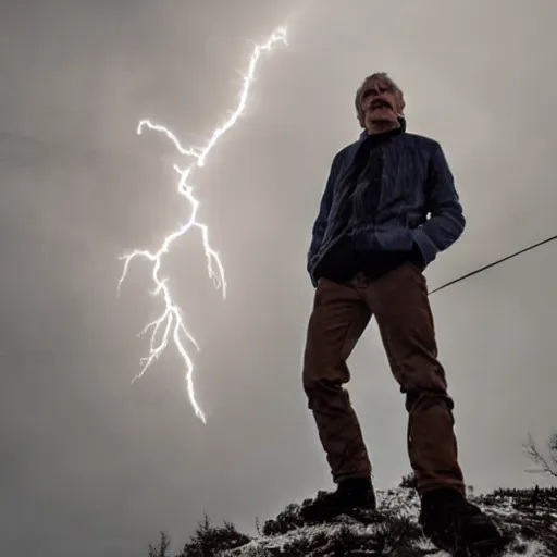 Image similar to Jonas Gahr Støre powering Norwegian village by shooting lightning out of his hands, glowing eye