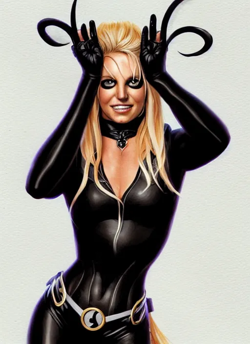 Image similar to britney spears as marvel's black cat, intricate, elegant, glowing lights, highly detailed, digital painting, artstation, glamor pose, concept art, smooth, sharp focus, illustration, art by artgerm and greg rutkowski, artey freytag