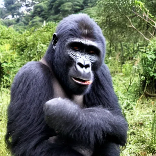 Image similar to mountain gorilla laughing while punching camera man