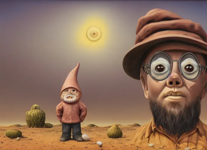 Image similar to a forgotten garden gnome in a vast barren desert, hopeless wasteland background with a relentless raging sun overhead, an ultrafine detailed painting by mark ryden, trending on deviantart, pop surrealism, whimsical, lowbrow, perfect symmetrical face