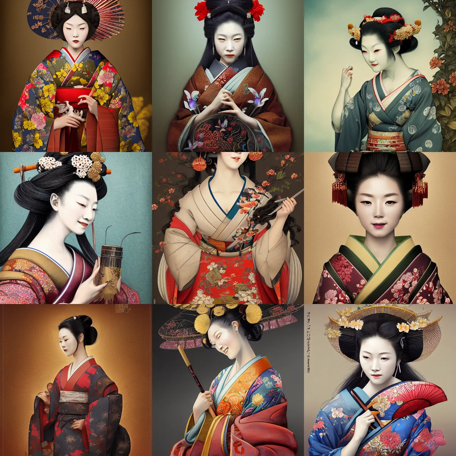 Prompt: Very very very very highly detailed epic central composition studio photography of A Japanese geisha smiling, intricate, medieval, extremely detailed, digital painting, artstation, concept art, smooth, sharp focus, illustration, studio lighting, incredible art by Anna Dittmann and Anton Pieck