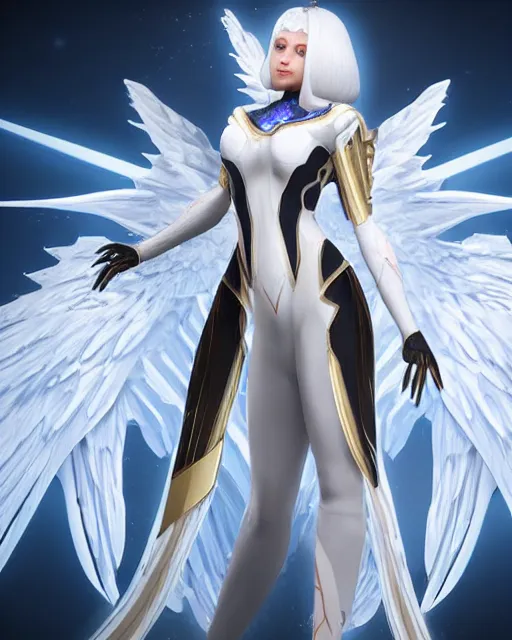 Image similar to perfect white haired attractive egyptian goddess with huge white dove wings, warframe armor, beautiful, symmetric, dreamy, half asian, pretty face, blue eyes, detailed, scifi platform, laboratory, experiment, 4 k, ultra realistic, epic lighting, android body, illuminated, cinematic, masterpiece, art by akihito tsukushi, voidstar