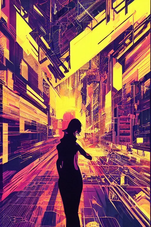 Image similar to fisheye, a silhouette of a woman lost in tensor fields cityscape, madness, decoherence, synthwave, glitch!!, fracture, realistic, hyperdetailed, concept art, golden hour, art by syd mead, cubism