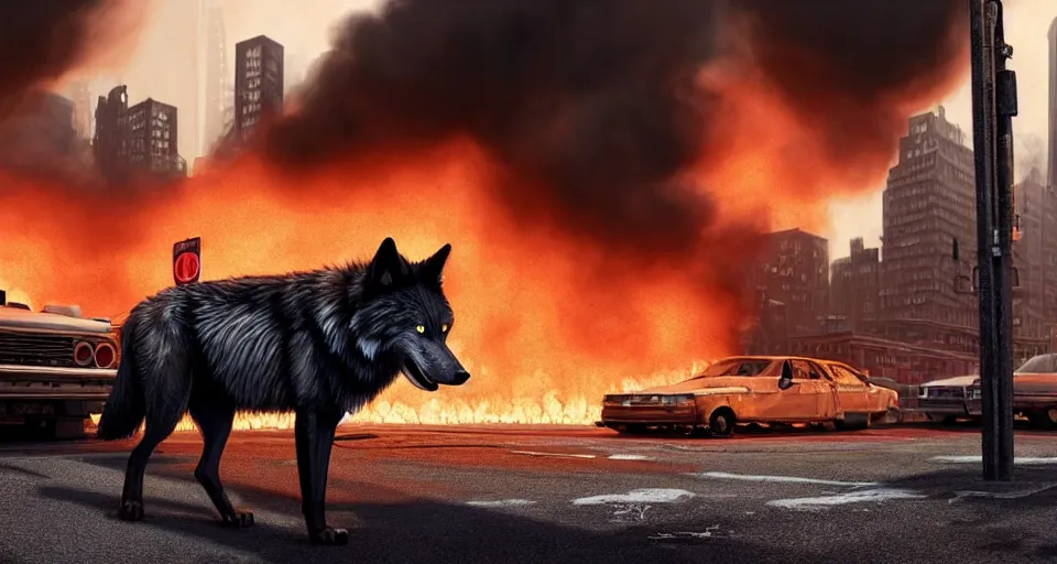 Image similar to A beautiful hyper realistic ultra detailed lifelike matte painting of a scruffy black Timber Wolf standing in the middle of a post-apocalyptic New York City street with cars and buildings engulfed in flames on fire, unreal engine, deviantart, flickr, artstation, octane render, textured, colorful, extreme realistic detail, physically based rendering, pbr render, very detailed, volumetric lighting, detailed lighting, octane render, 4k, cinematic lighting, 8k resolution