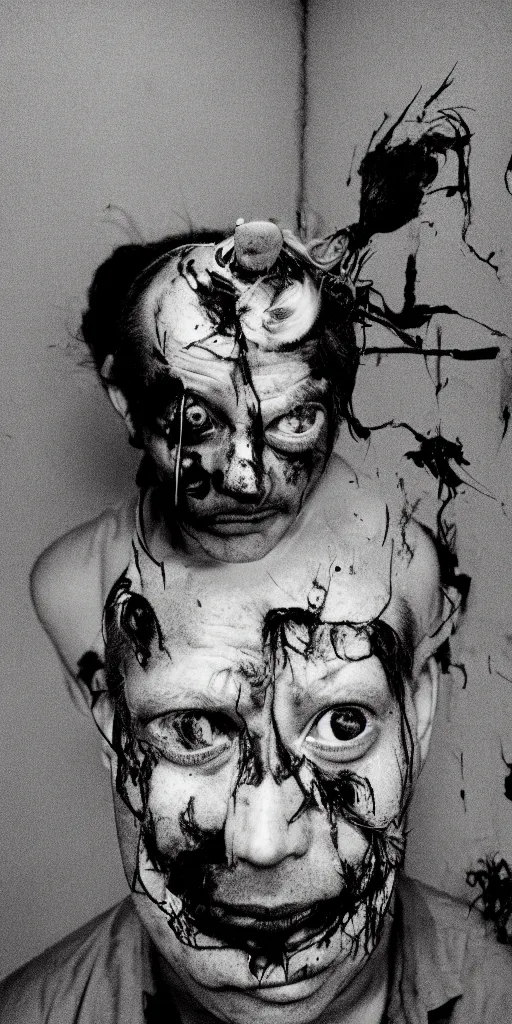 Image similar to award winning heartbreaking photo of todd solondz crying, grim colors, weird and disturbing, symmetrical face, beautiful eyes, studio lighting, wide shot art by roger ballen & francis bacon