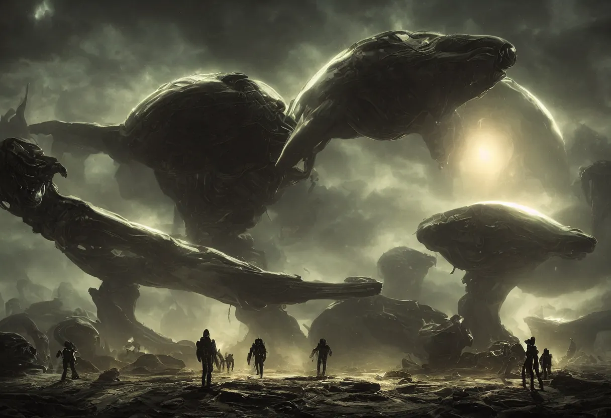 Prompt: eerie alien race invade galaxy, ominous background, hyper realism, realistic, dramatic lighting, octane render, highly detailed, cinematic lighting, cinematic, art by rubens and rutkowski and rembrandt