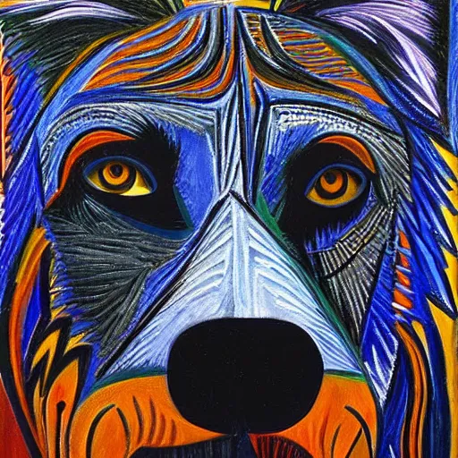 Prompt: Intricate five star Wolf facial portrait by Pablo Picasso, oil on canvas, HDR, high detail, Photo realistic, hyperrealism,matte finish, high contrast, 3d depth, masterpiece, vivid and vibrant colors, enhanced light effect, enhanced eye detail,artstationhd