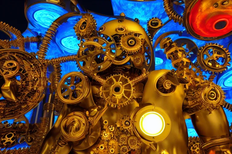 Prompt: fiesta espuma amnesia ibiza, portrait photo of a giant huge golden and blue metal steampunk robot, with gears and tubes, eyes are glowing red lightbulbs, shiny crisp finish, 3 d render, 8 k, insaneley detailed, fluorescent colors, background is multicolored lasershow