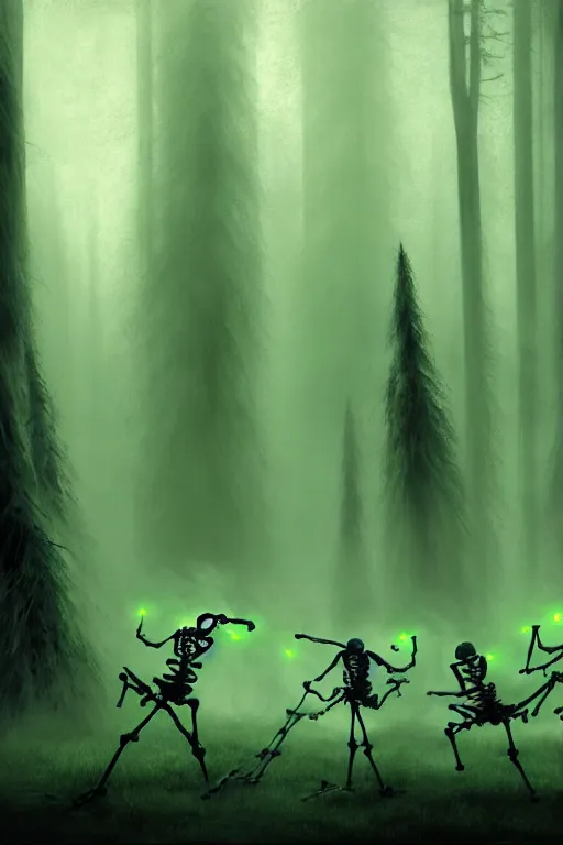 Image similar to four skeletons made of green magic luminous smoke are playing musical instruments. the background is misty forest, full of green swirling smoke, harry potter, death eaters, dementors, craig mullins, albert bierstadt, greg rutkowski, tarkovski, realistic, highly detailed, artstation, early morning, atmospheric, aestetic, moody