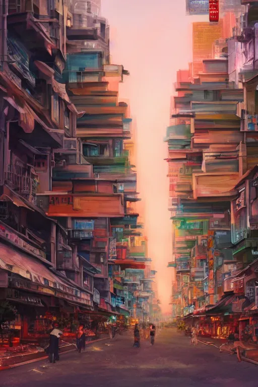 Image similar to hawker street with kuala lumpur twin towers in the background, evening, highly detailed matte painting, studio ghibli, artstation