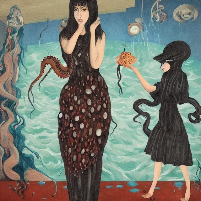 Image similar to tall female emo artist holding an octopus in a flooded cafe, octopus, water gushing from ceiling, painting of flood waters inside a cafe, a river flooding indoors, pomegranates, pigs, ikebana, water, octopus, river, rapids, waterfall, black swans, canoe, berries, acrylic on canvas, surrealist, by magritte and monet