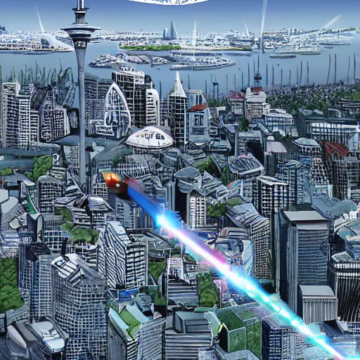 Prompt: photo realistic auckland city attacked by laser kiwi, artstation