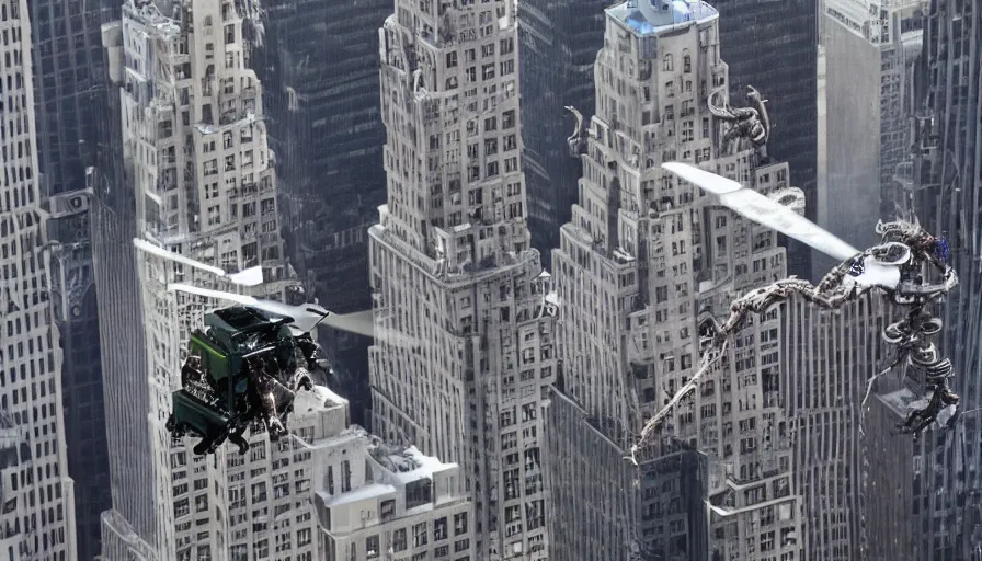 Image similar to big budget movie about a robot octopus climbing the chrysler building as attack helicopters shoot at it