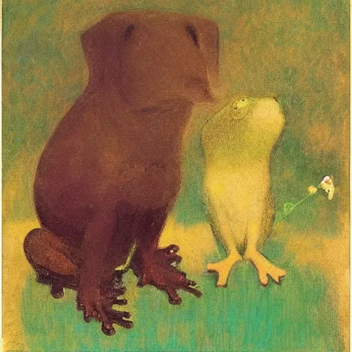 Prompt: a dog and a frog, odilon redon