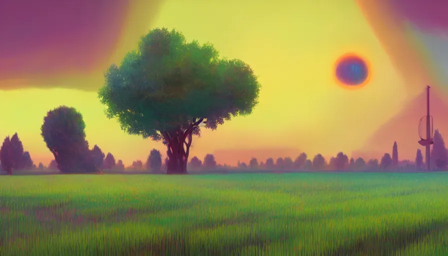 Prompt: sun in the colourful sky, wheat field, radio telescope, big trees, matte painting, art station, digital art, simon stalenhag