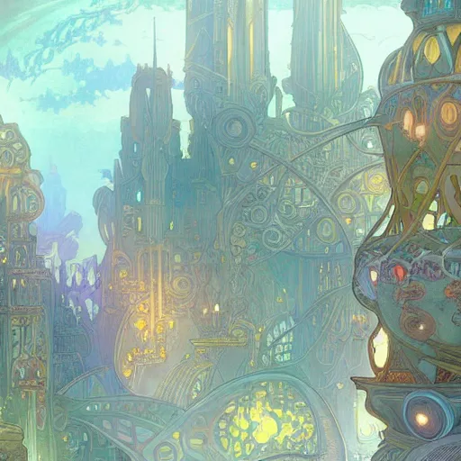 Prompt: a beautiful stunning fantasy whimsical matte digital painting of the cityscape of the underwater city of Atlantis, art nouveau, vibrant pastel color palette, by Alphonse Mucha and Tyler Edlin, trending on artstation hq