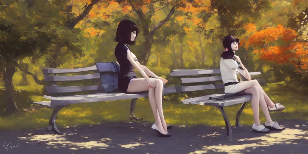 Image similar to A ultradetailed beautiful panting of a stylish woman siting on a park bench, Oil painting, by Ilya Kuvshinov, Greg Rutkowski and Makoto Shinkai