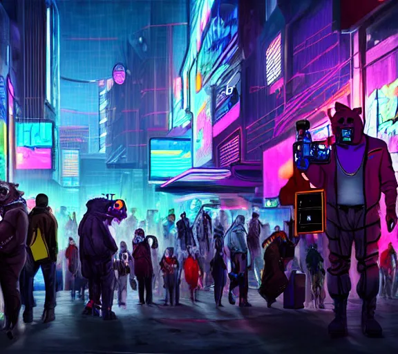 Image similar to high - resolution photograph from a cyberpunk era furry fandom convention ( midwest furfest 2 0 4 7 ), taking place after the genetic revolution and quantum singularity. photorealistic.