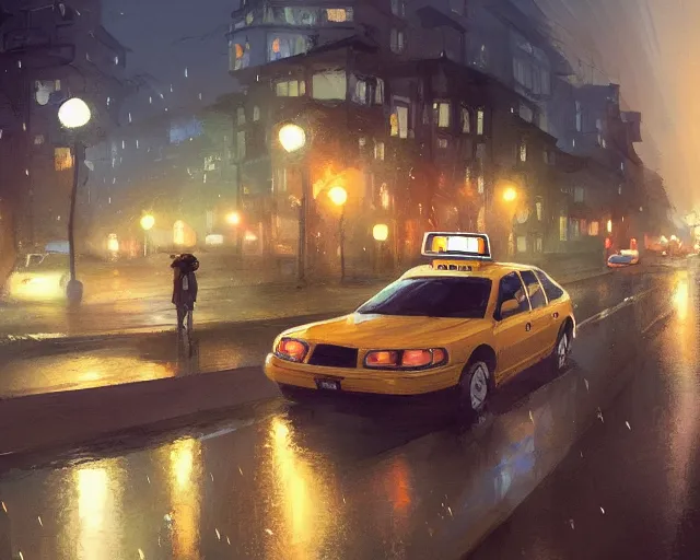 Prompt: one single taxi cab driving down a rainy country road, gaslight, street lamps. Anime, By Makoto Shinkai, Stanley Artgerm Lau, WLOP, Rossdraws, James Jean, Andrei Riabovitchev, Marc Simonetti, krenz cushart, Sakimichan, trending on ArtStation, digital art.