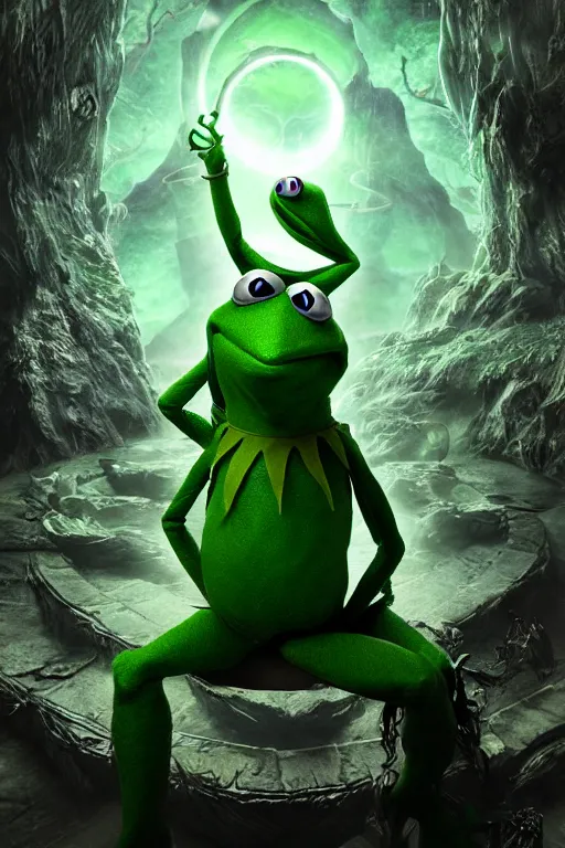 Image similar to an ultra detailed 3 d render of kermit the frog as an elden ring boss, epic anime fantasy, 8 k, in the style of a fantasy metal album cover and magic the gathering, volumetric lighting, smooth, highly detailed, digital illustration, octane render, art by albert bierstadt and greg rutkowsi, artstation