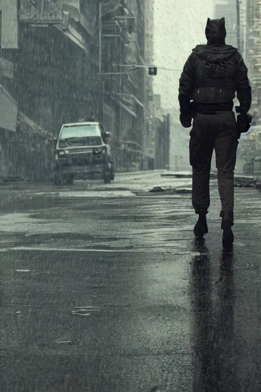 Image similar to cinematic shot of a humanoid fox double agent for the cia walking through a decimated city. realistic. rainy. dramatic lighting.