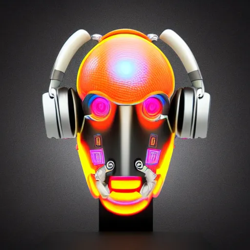 Image similar to a glossy claymodel of a dieselpunk aztec futurism robot head with glowing headphones, 8 k, symetrical, flourescent colors, halluzinogenic, multicolored, very detailed, black background, 3 d render,