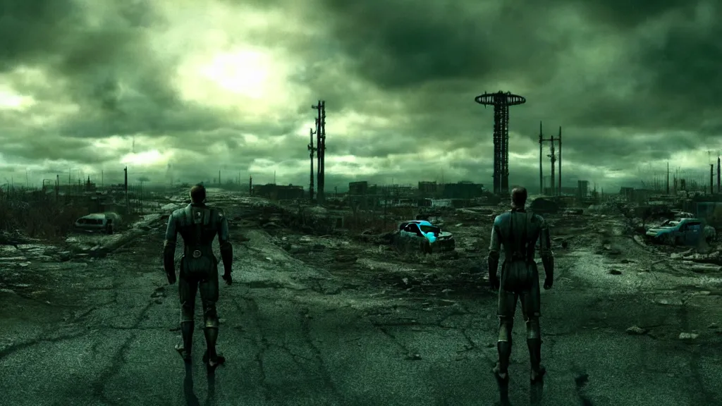 Prompt: fallout 3, film still from the movie directed by Denis Villeneuve with art direction by Salvador Dalí, wide lens