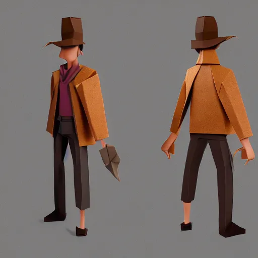 Image similar to realistic full body of indiana jones with hat made of origami, 3 dimentional, details, intricate details, Origami Studio 3 design, Toon Boom render