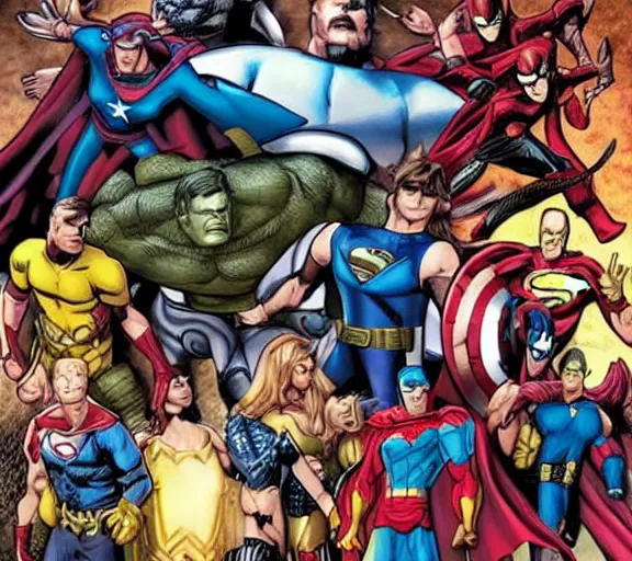 Prompt: Amazing fantasy art of marvel superheroes fighting against DC superheroes