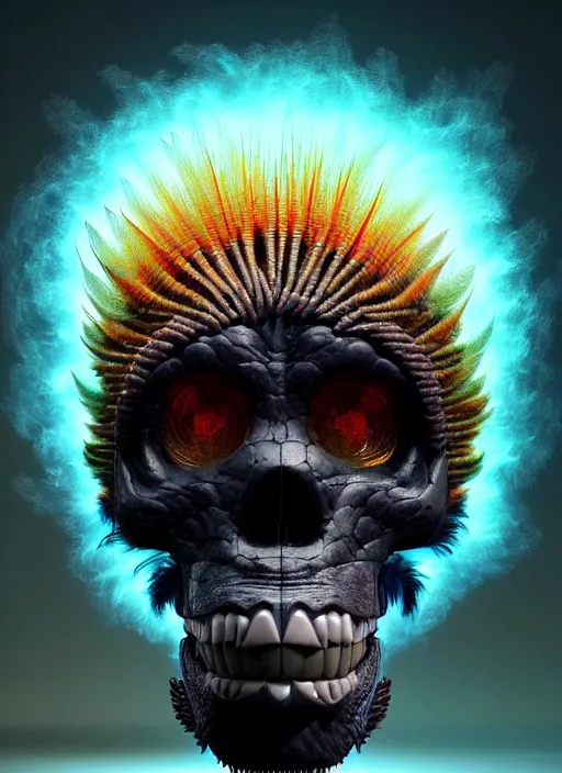 Image similar to 3 d ape shaman profile portrait, sigma 5 0 0 mm f / 5. beautiful intricate highly detailed quetzalcoatl skull and feathers. bioluminescent, plasma, lava, ice, water, wind, creature, thunderstorm! artwork by tooth wu and wlop and beeple and greg rutkowski, 8 k trending on artstation,