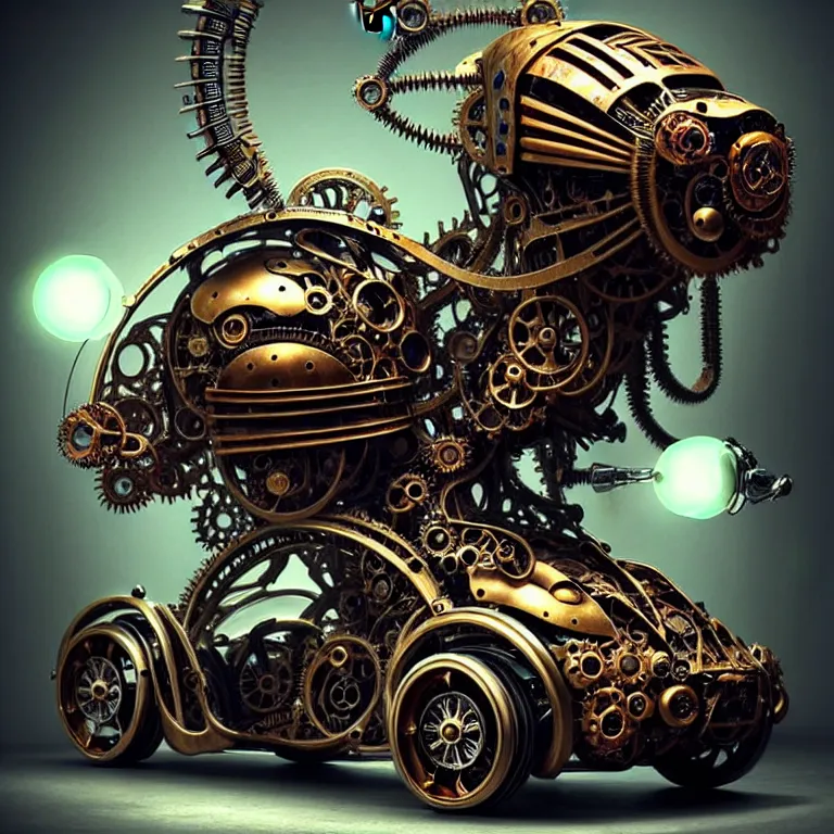 Image similar to biomechanical shiny steampunk vehicle reminiscent of fast sportscar with robotic parts and (glowing) lights parked in ancient lush palace, gothic and baroque, brutalist architecture, ultradetailed, creepy ambiance, fog, artgerm, giger, Intricate by Ellen Jewett and Josan Gonzalez and Giuseppe Arcimboldo